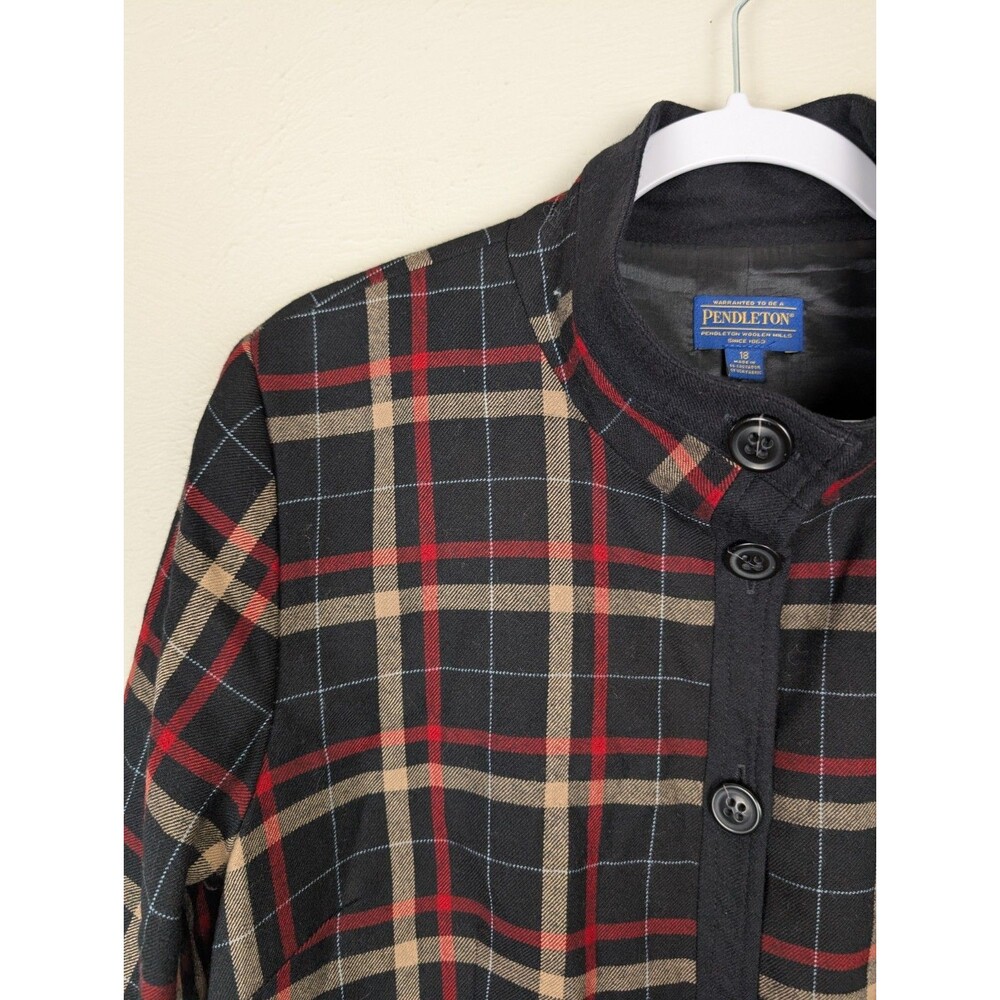 PENDLETON Women's 18 Black Red Tan Plaid 100% Virgin Wool Lined Button Jacket - Picture 3 of 12